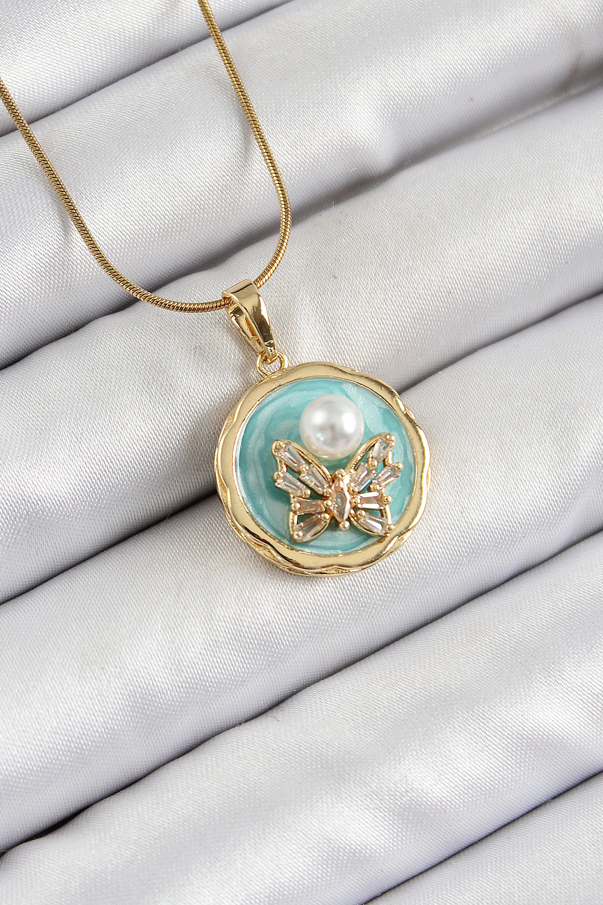 316L Çelik Zincir Zirkon Taşlı Turkuaz Sanatsal Portre İnci Detay