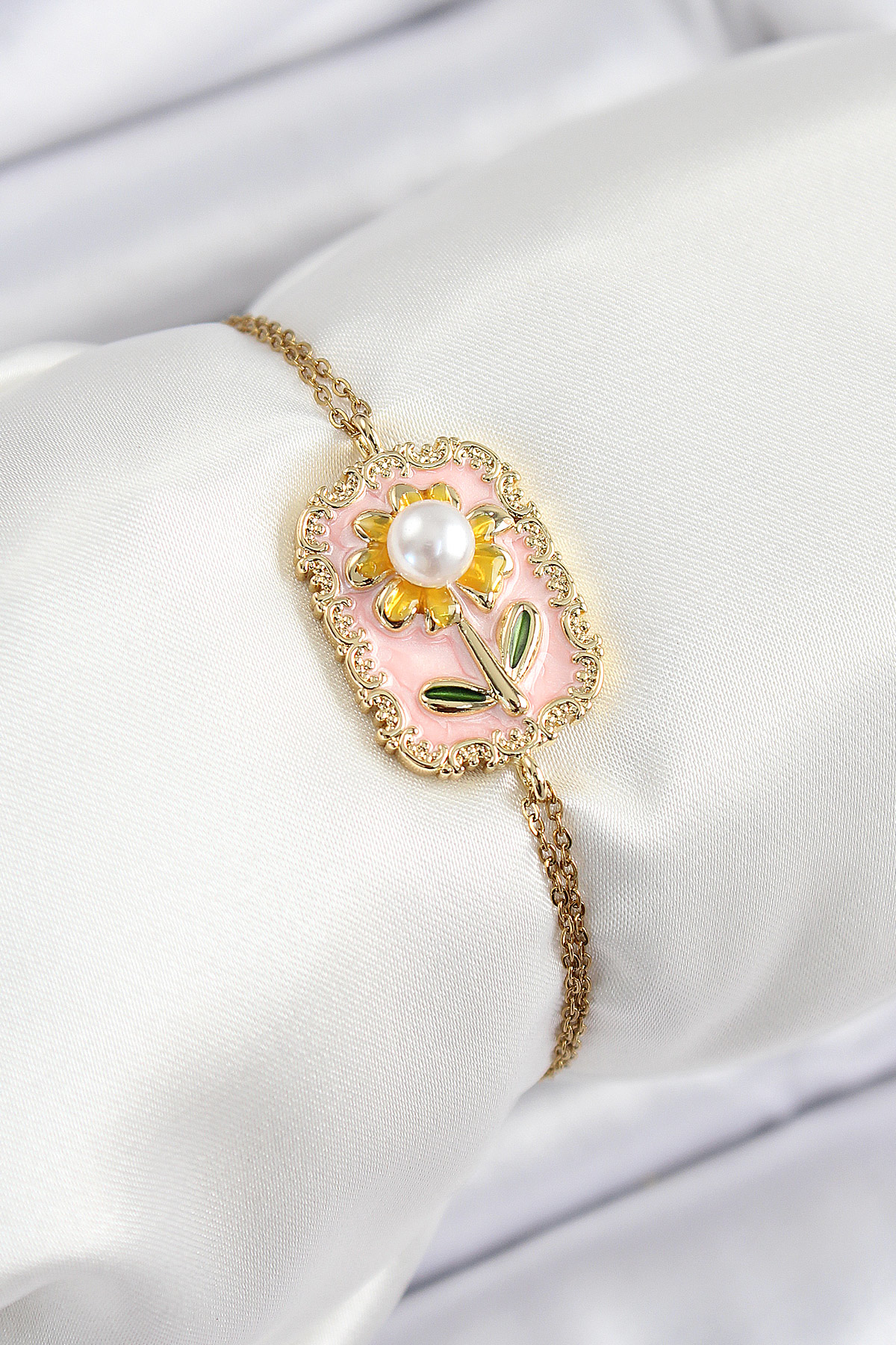 316L Çelik Zincir Pembe Mineli Sanatsal Portre İnci Detaylı Papat