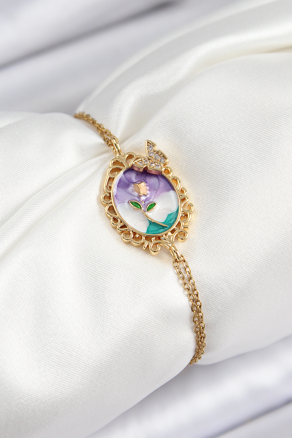 316L Çelik Zincir Mineli Sanatsal Portre Zirkon Taşlı Kelebek Det