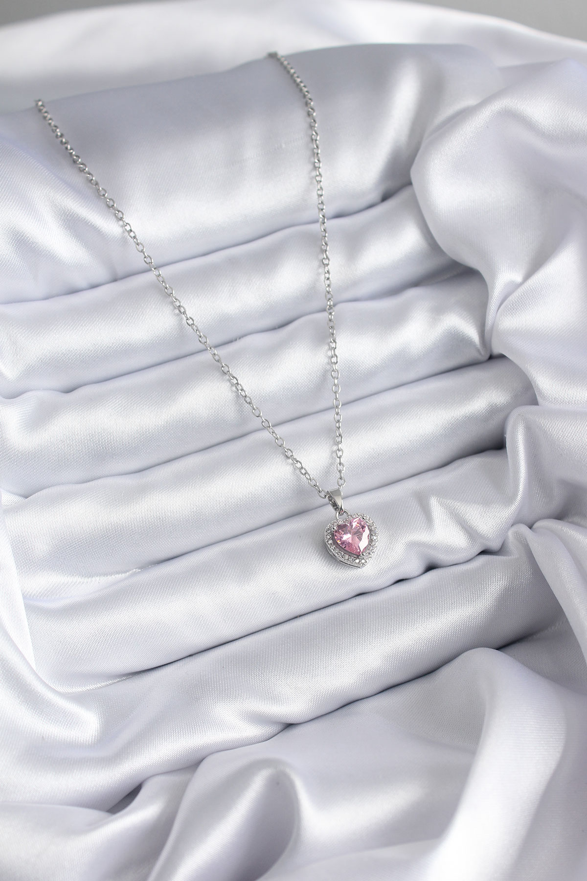 316L Çelik Zincir Gümüş Renk Pembe Zirkon Taş Charm Model Kadın K