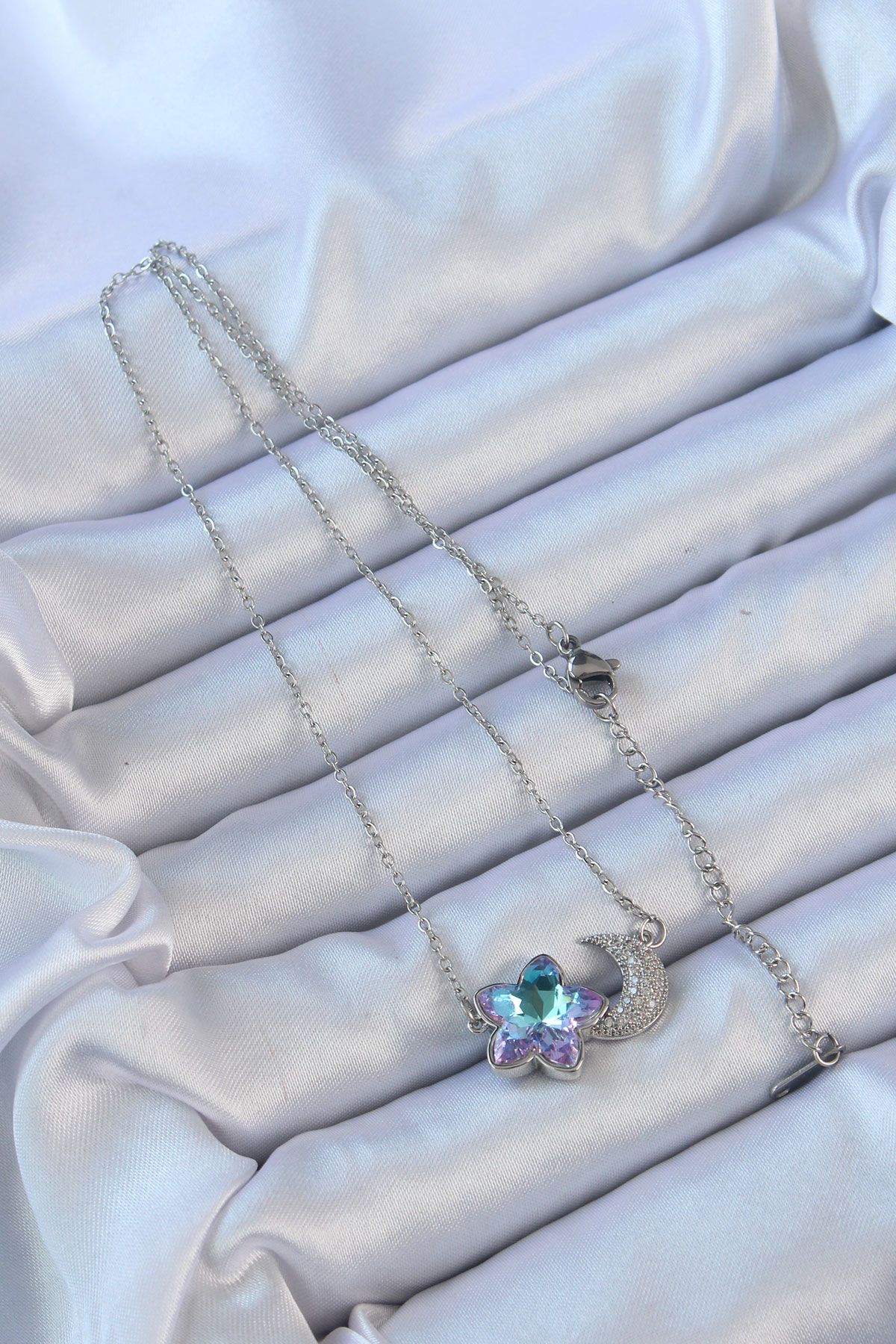 316L Çelik Zincir Gümüş Renk Ay Tasarımlı Renkli Zirkon Taşlı Çiç