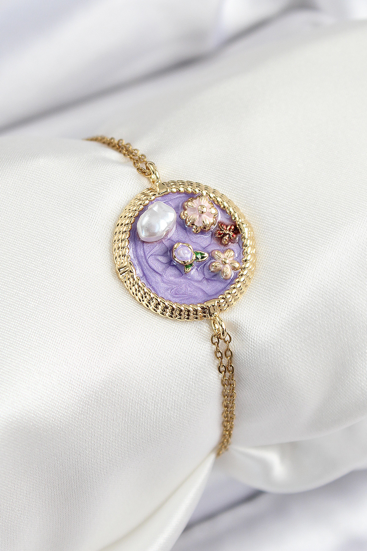 316L Çelik Zincir Mor Mineli Sanatsal Portre İnci Detaylı Çiçek M