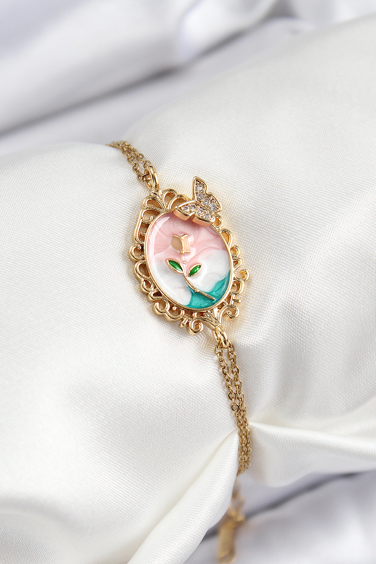 316L Çelik Zincir Mineli Sanatsal Portre Zirkon Taşlı Kelebek Det