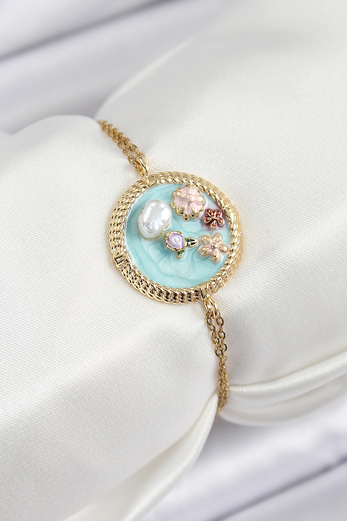 316L Çelik Zincir Turkuaz Mineli Sanatsal Portre İnci Detaylı Çiç