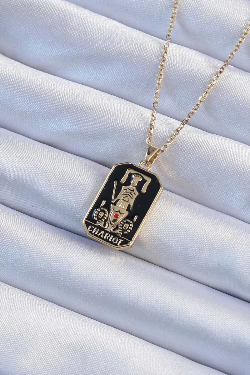 316L Çelik Zincir Altın Renk Siyah Mineli Tarot Kolye - Lisinya