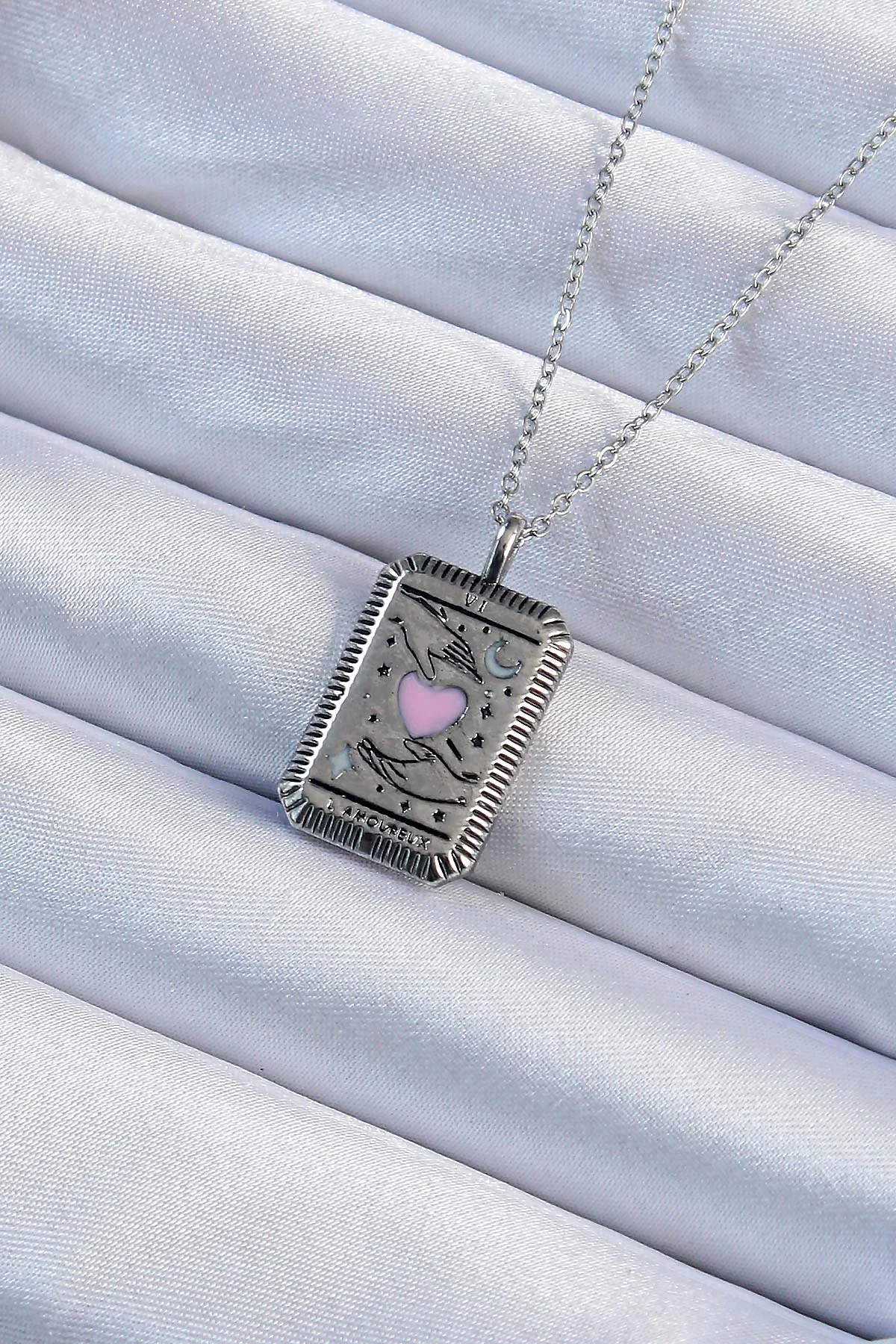 316L Çelik Zincir Eskitme Gümüş Renk Pembe Mineli Kalp Tarot Kolye 5886 - Paslanmaz ve Şık