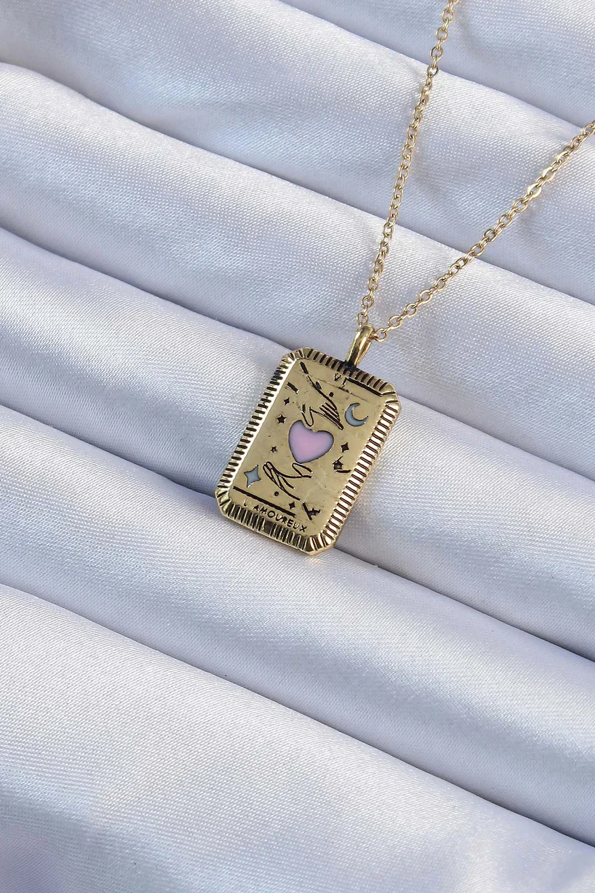 316l Çelik Zincir Eskitme Renk Pembe Mineli Kalp Figürlü Tarot Kolye Tj-bko9231 Diğer