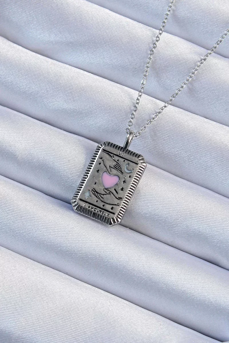 316L Çelik Zincir Eskitme Gümüş Renk Pembe Mineli Kalp Figürlü Tarot Kolye - Lisinya 316L Çelik Zincir Eskitme Gümüş Renk Pembe Mineli Kalp Figürlü Tarot Kolye - Lisinya