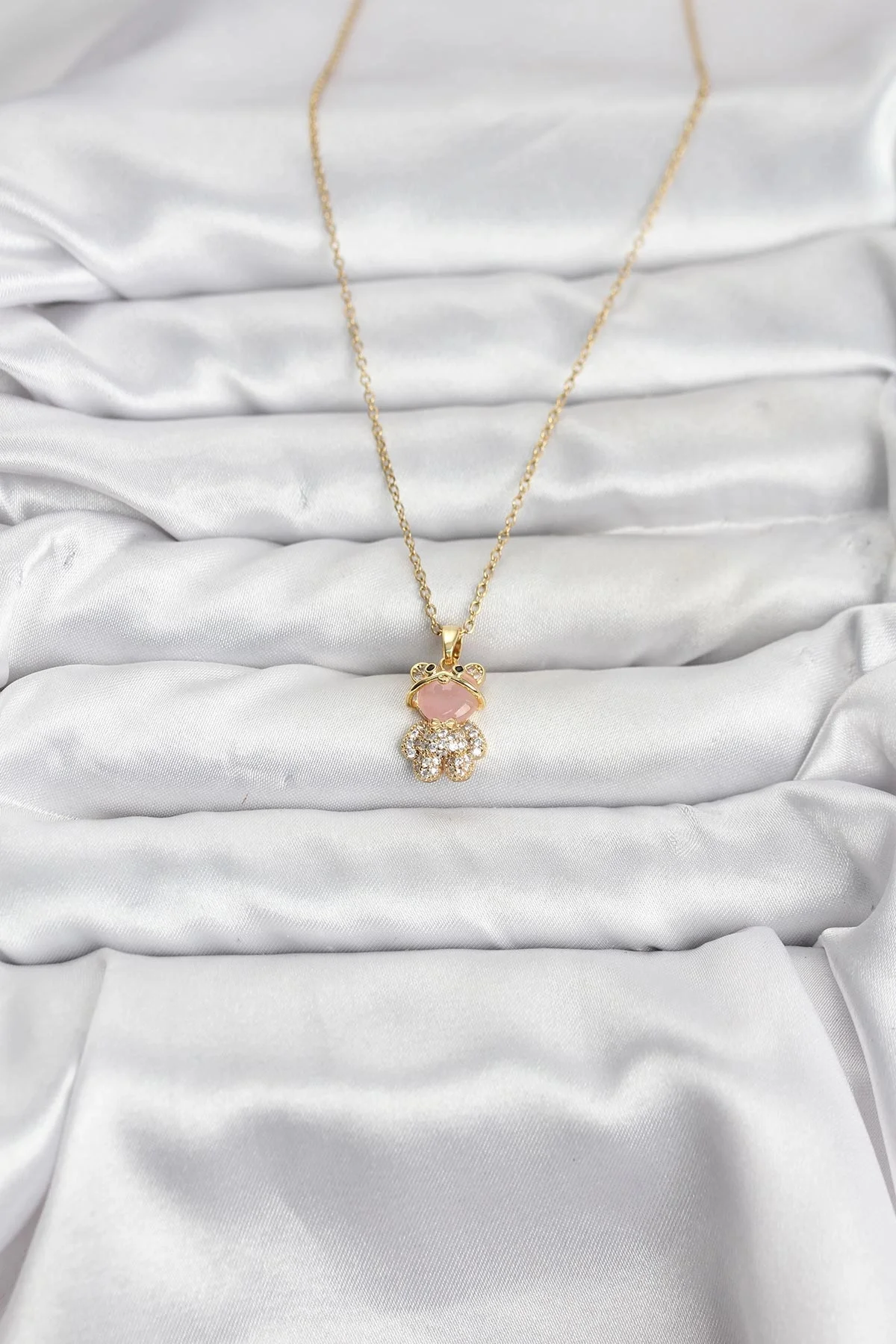 316L Çelik Zincir Gold Renk Teddy Bear Model Zirkon Taşlı Kadın Kolye