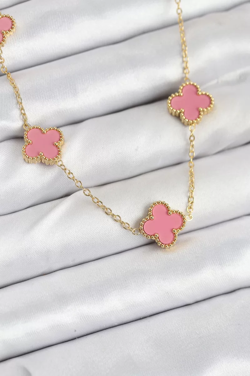 316L Çelik Zincir Gold Pembe Renk Yonca Kadın Kolye - Lisinya