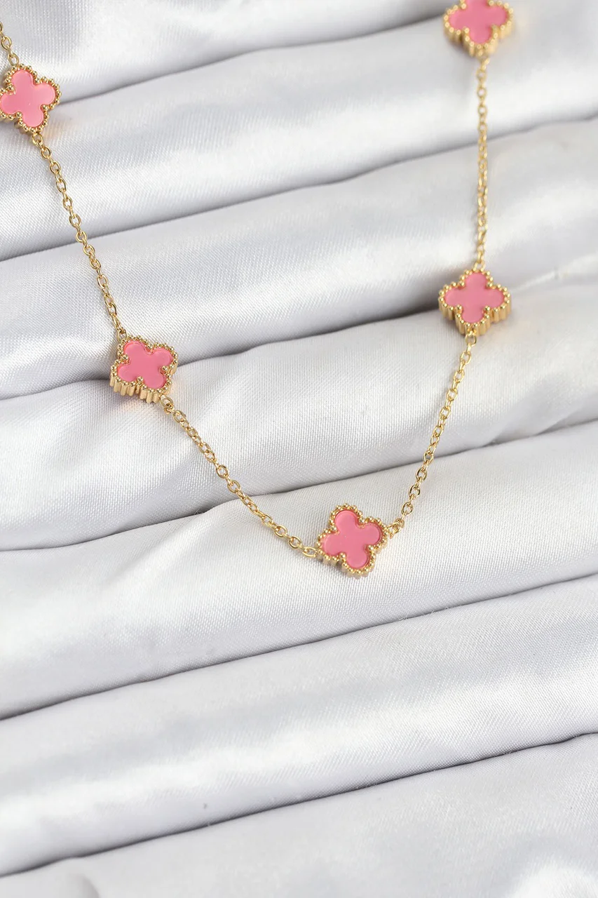 316l Çelik Zincir Gold Renk Pembe Baby Boy Yonca Kadın Kolye Tj-bko10572 Diğer