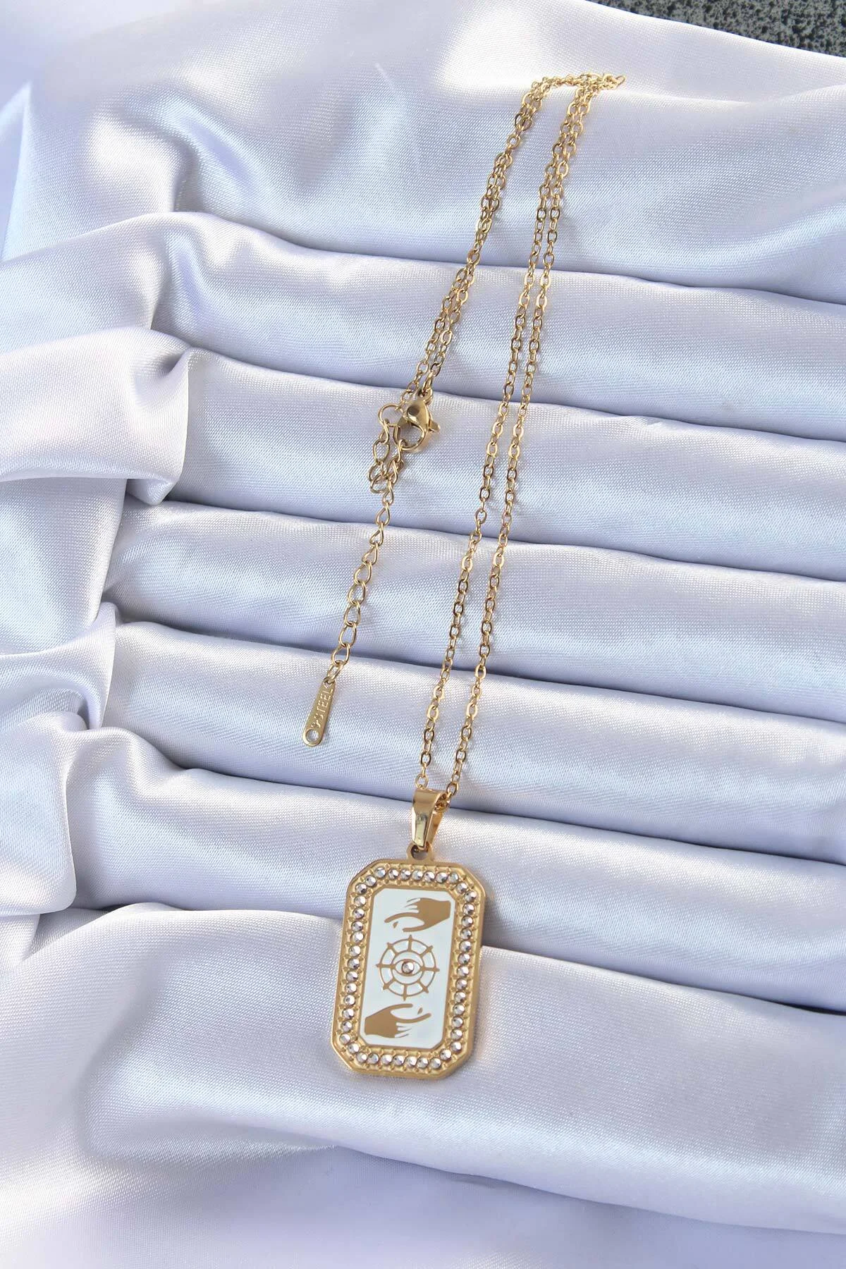 316L Çelik Zincir Gold Renk Mineli Zirkon Taşlı Göz Figür Tarot Kolye - Görsel 2