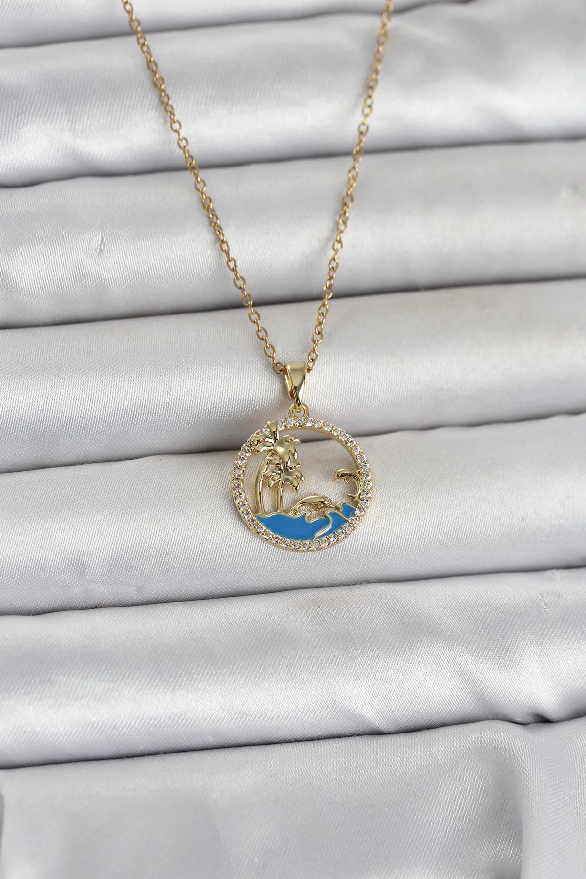 316L Çelik Zincir Gold Renk Zirkon Taşlı Deniz Temalı Kadın Kolye 5886
