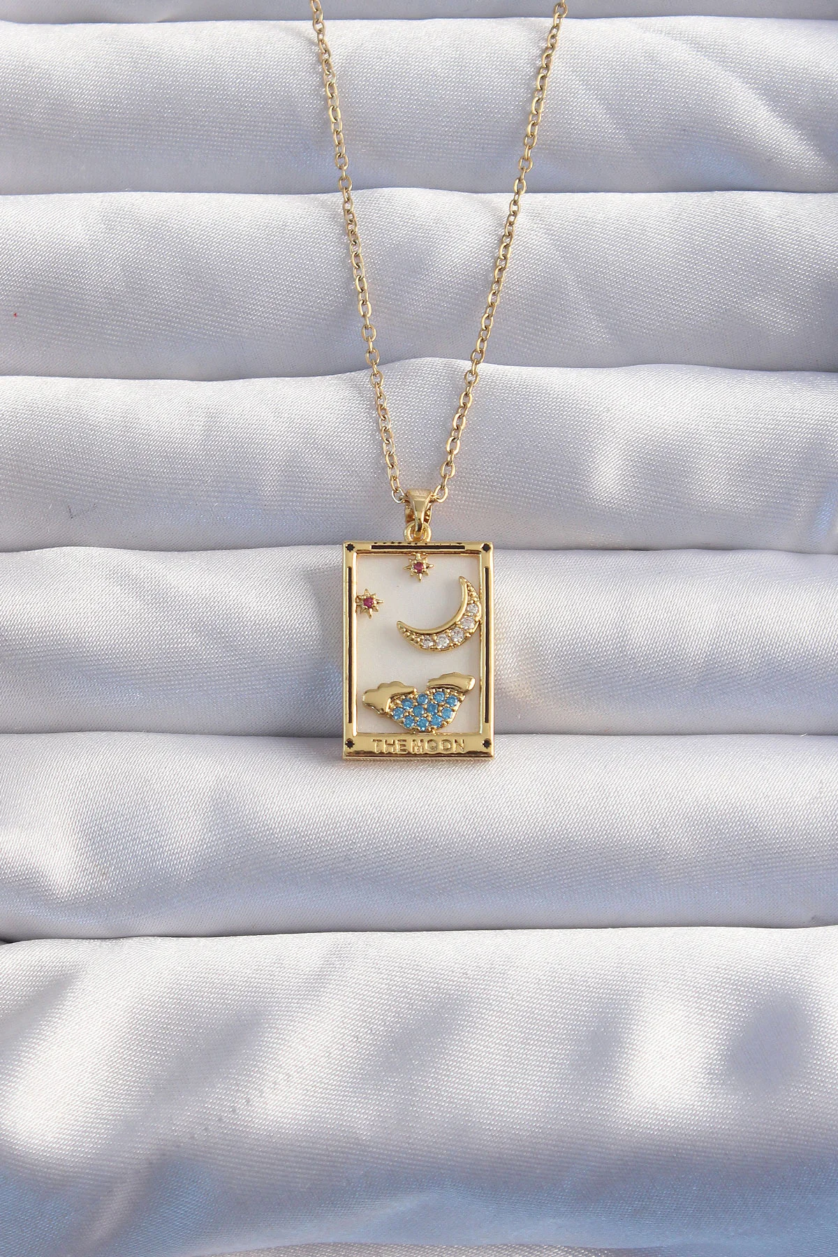 316L Çelik Zincir Gold Renk Ay Detay Mavi Zirkon Taşlı Tarot Kolye 5886