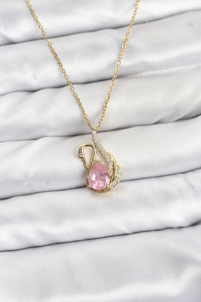 316l Çelik Zincir Gold Renk Pembe Kuğu Model Zirkon Taşlı Kadın Kolye - Lisinya Diğer