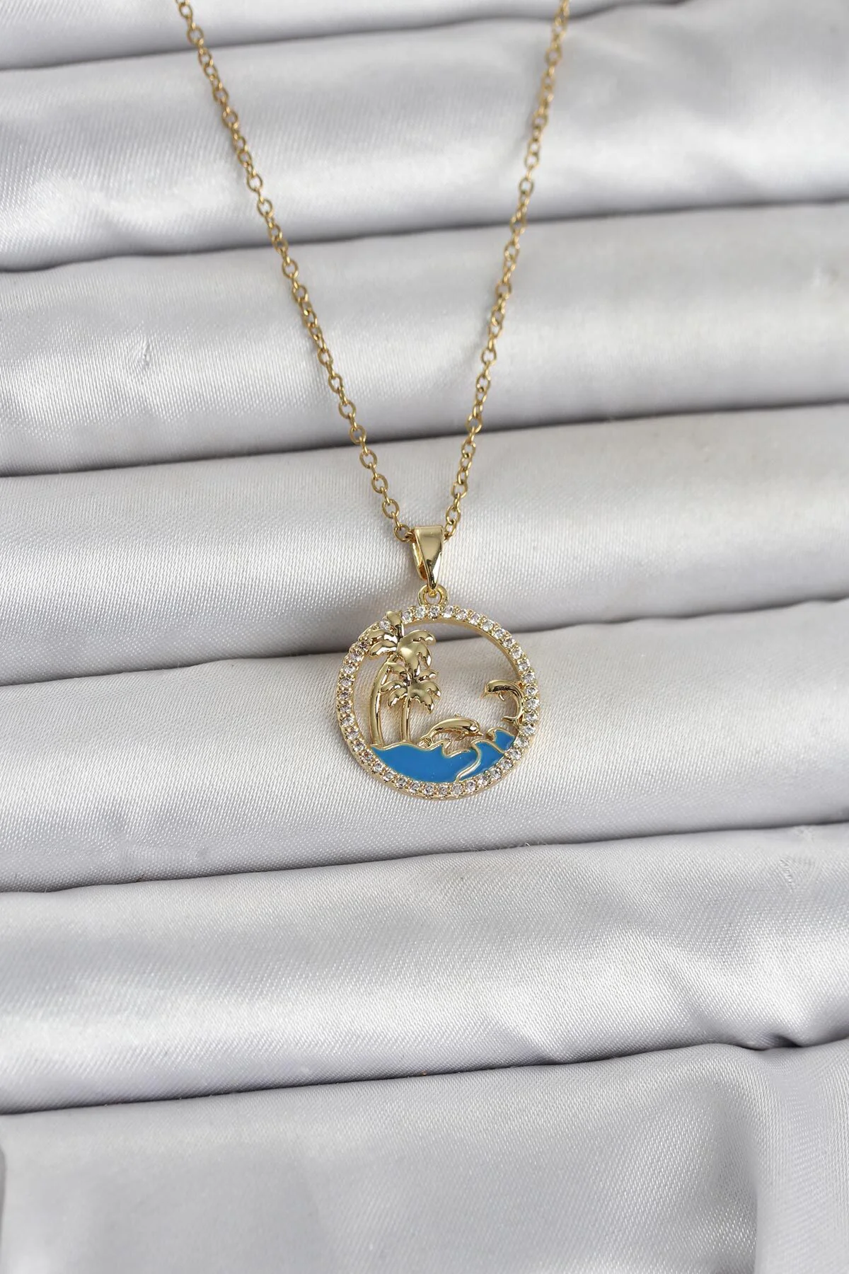 316L Çelik Zincir Gold Renk Zirkon Taşlı Deniz Temalı Kadın Kolye