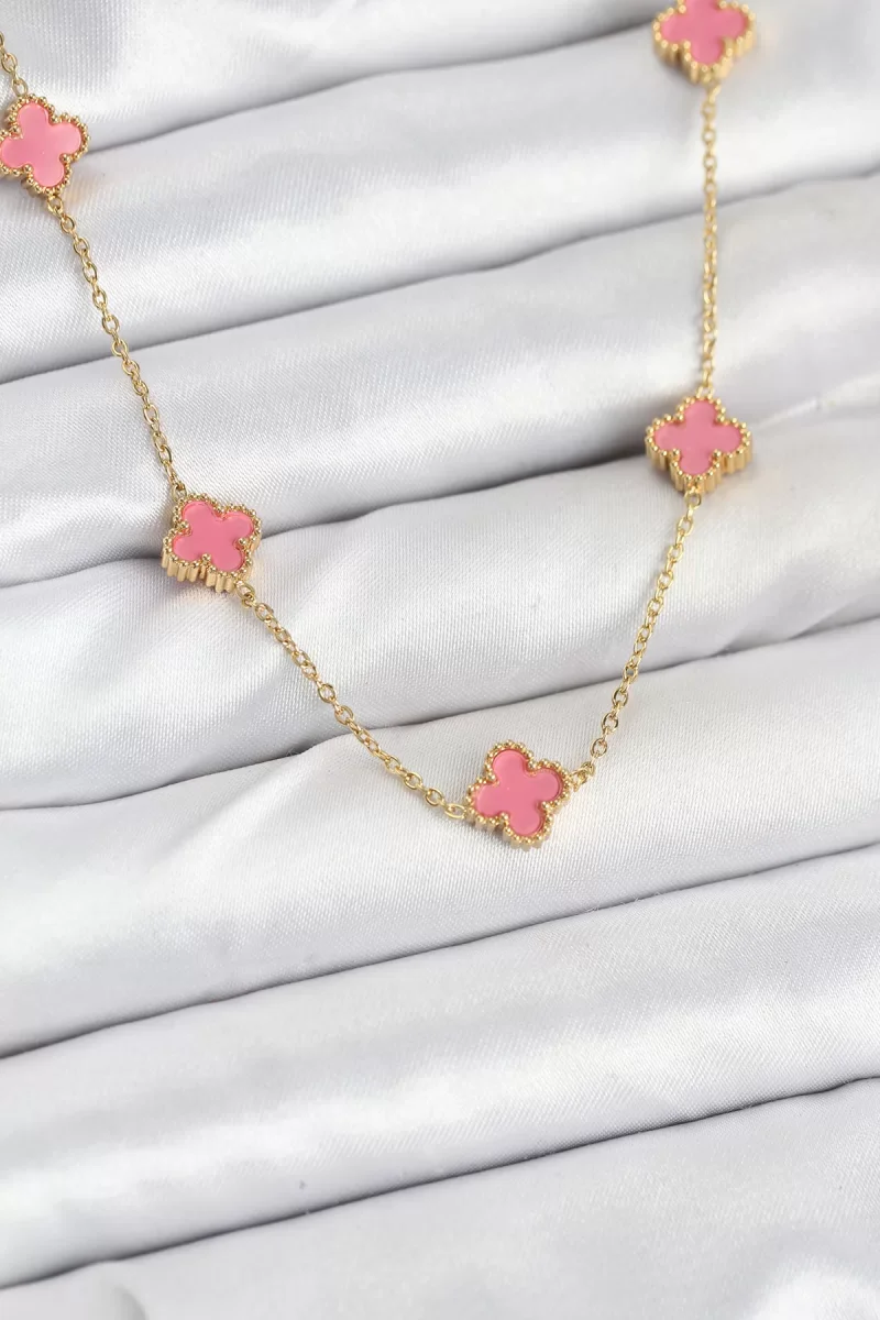 316L Çelik Zincir Gold Renk Pembe Baby Boy Yonca Kadın Kolye - Li