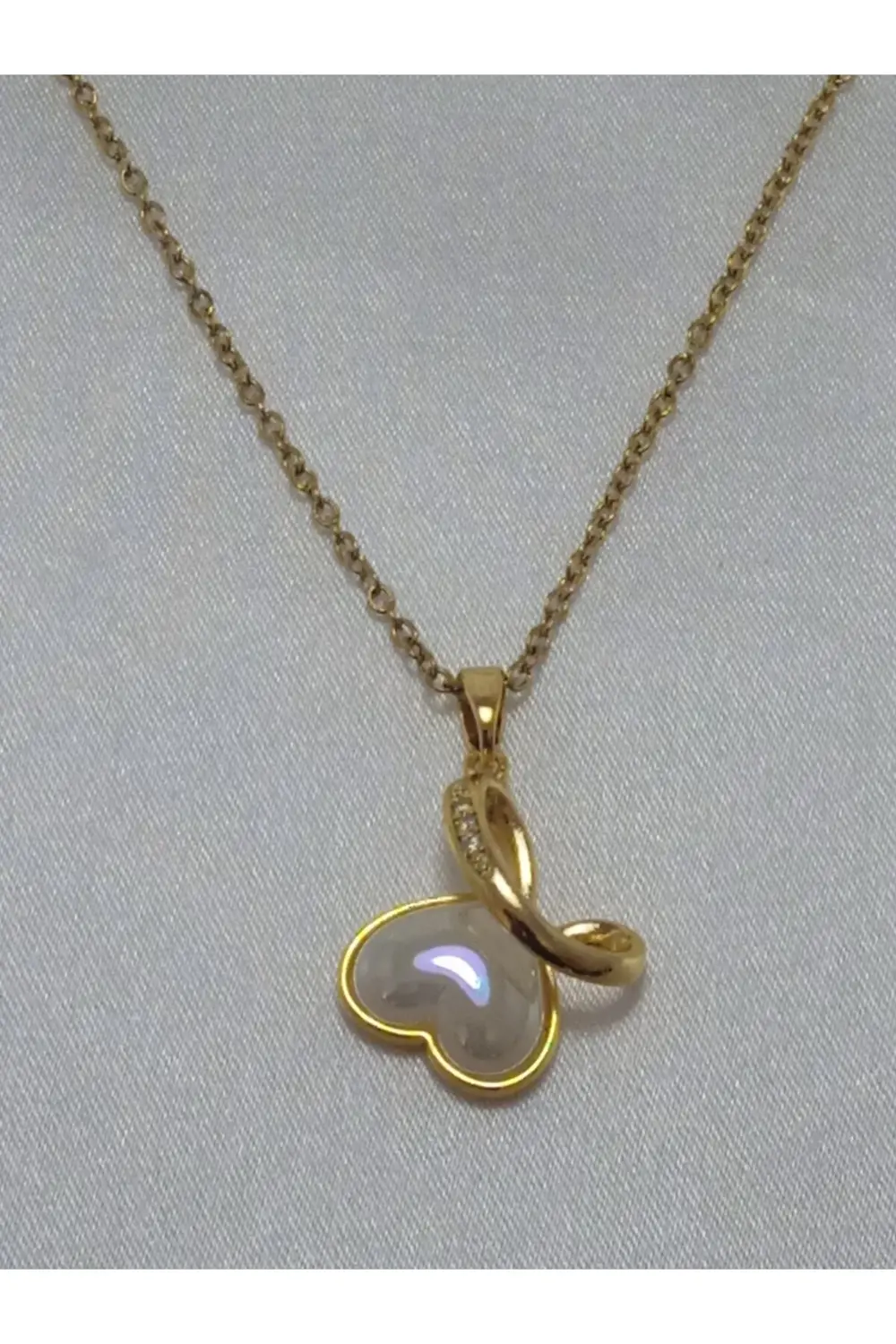 316L Çelik Zincir Gold Renk Zirkon Taşlı Mineli Kalp kolye