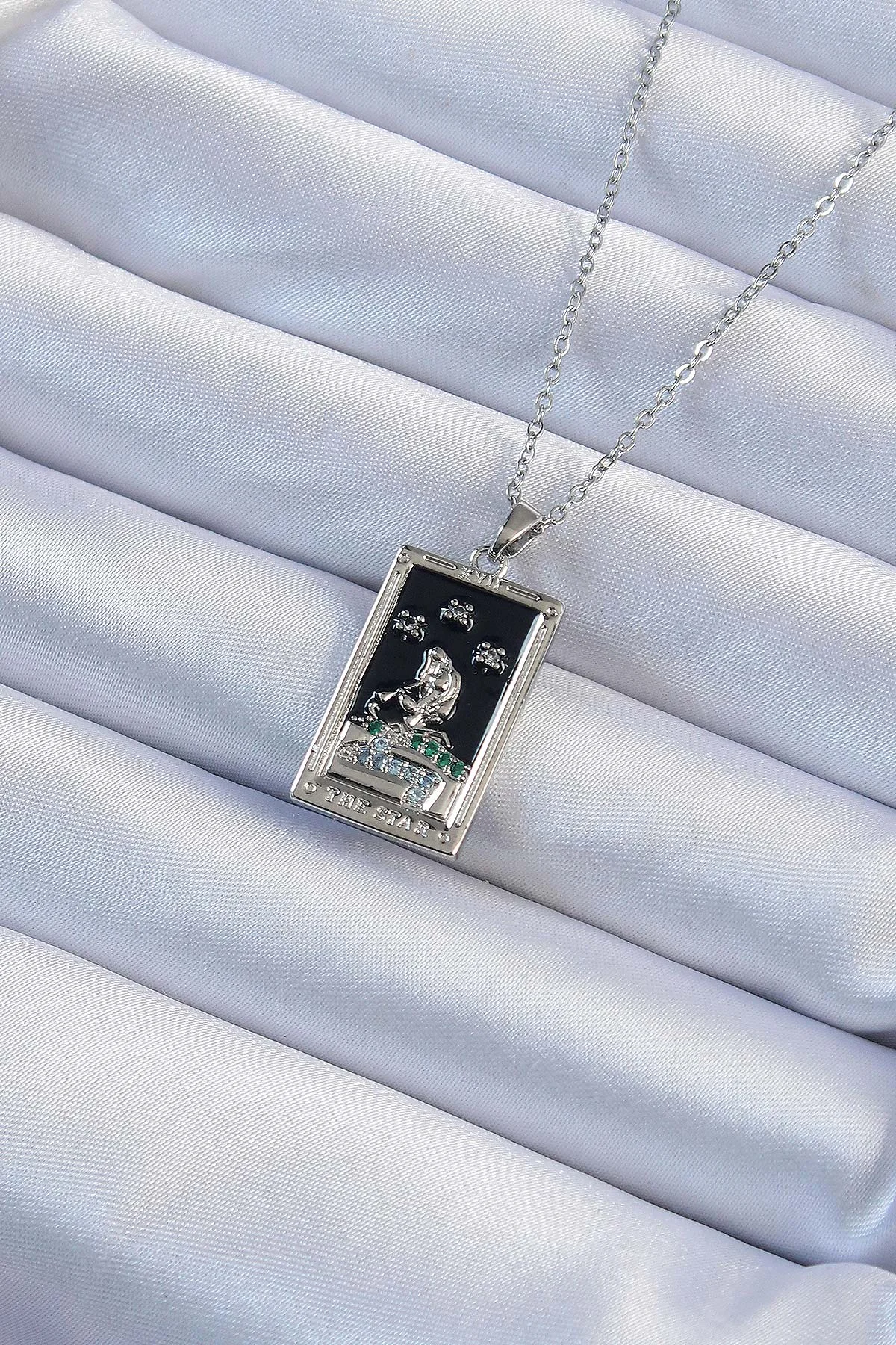 316L Çelik Zincir Gümüş Renk Zirkon Taşlı Kız Tarot Kolyesi - 5886