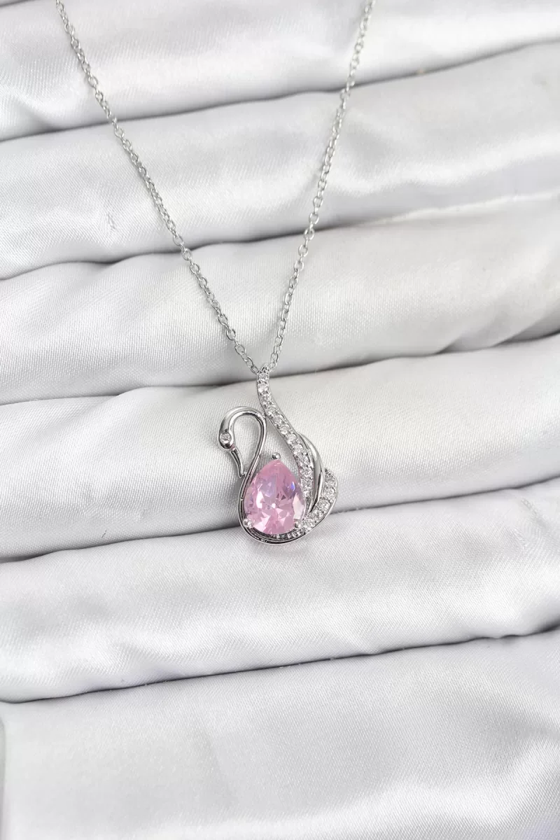 316L Çelik Zincir Gümüş Renk Pembe Kuğu Model Zirkon Taşlı Kadın Kolye - Lisinya