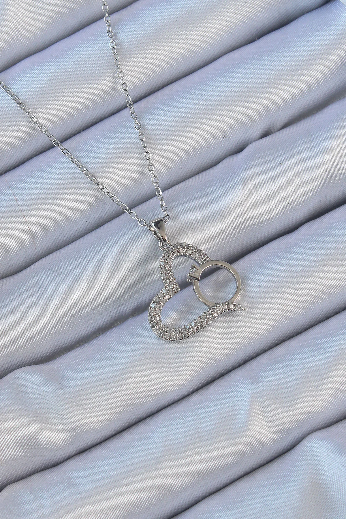 316L Çelik Zincir Gümüş Renk Zirkon Taşlı Yüzüklü Kalp Kolye 5886