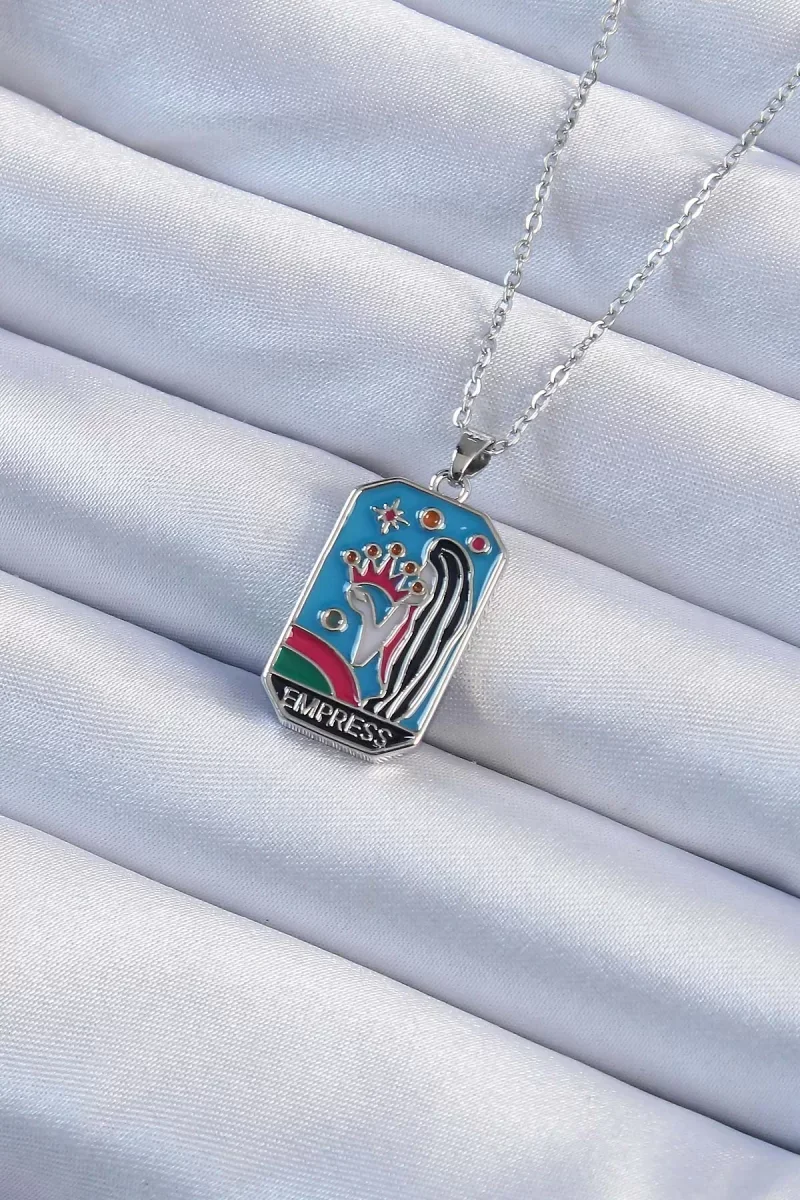 316L Çelik Zincir Gümüş Renk Taç ve Kız Figürlü Renkli Mineli Tarot Kolye - Lisinya