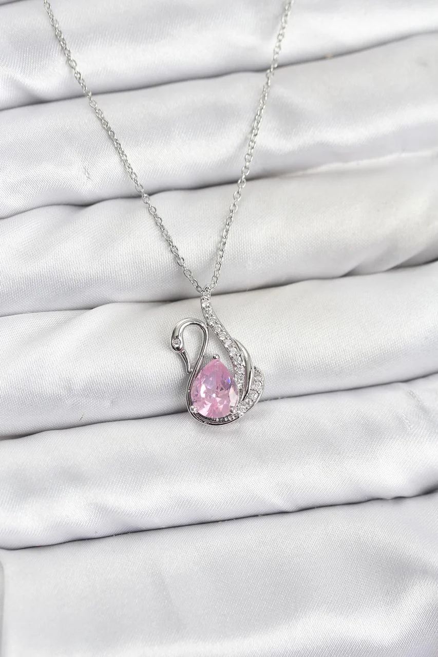 316l Çelik Zincir Gümüş Renk Pembe Kuğu Model Zirkon Taşlı Kadın Kolye - Lisinya Diğer