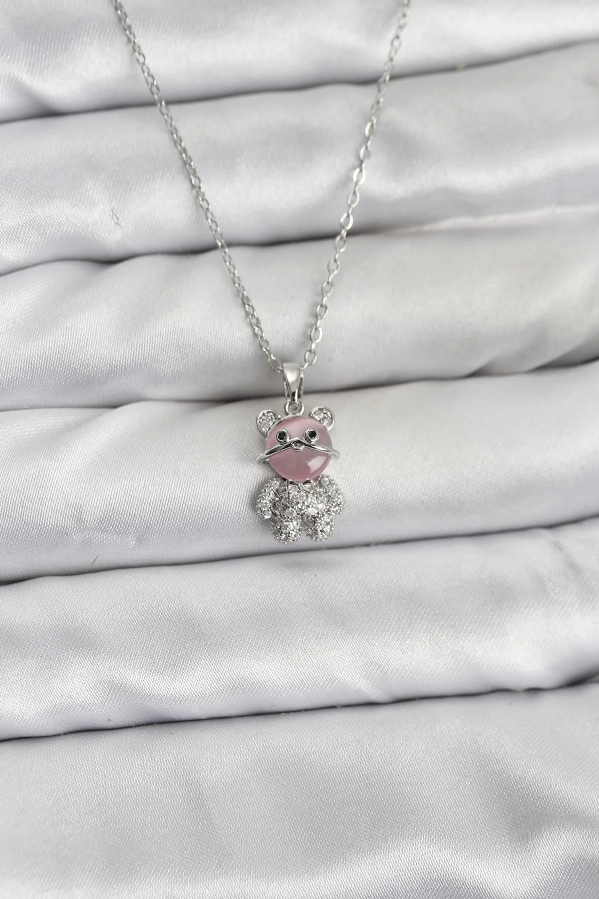 316L Çelik Zincir Gümüş Renk Teddy Bear Model Zirkon Taşlı Kadın Kolye 5886 - Klasik ve Spor Şıklık