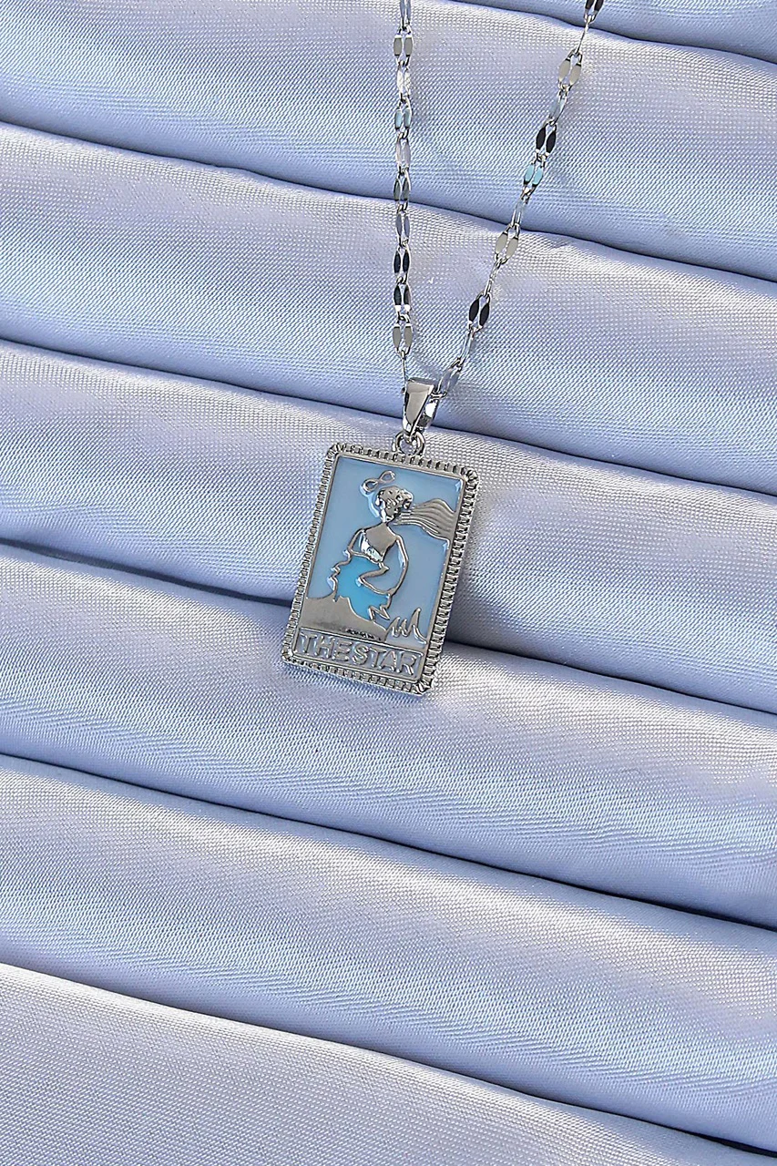 316l Çelik Zincir Gümüş Renk Mavi Mineli Tarot Kolye Tj-bko9210 Diğer