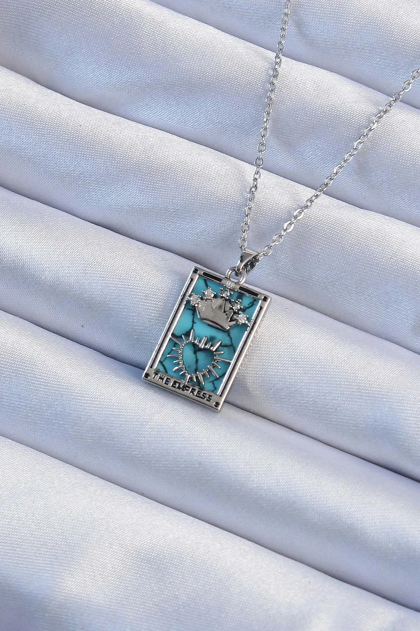 316l Çelik Zincir Gümüş Renk Zirkon Taşlı Mavi Mermer Desenli Taç Model Tarot Kolye Tj-bko9244 Diğer