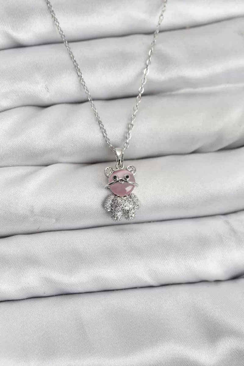 316L Çelik Zincir Gümüş Renk Teddy Bear Model Zirkon Taşlı Kadın 