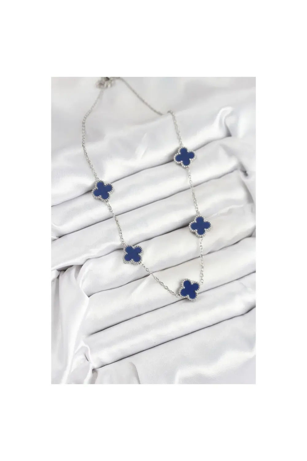 316L Çelik Zincir Gümüş Lacivert Renk Yonca Kadın Kolye