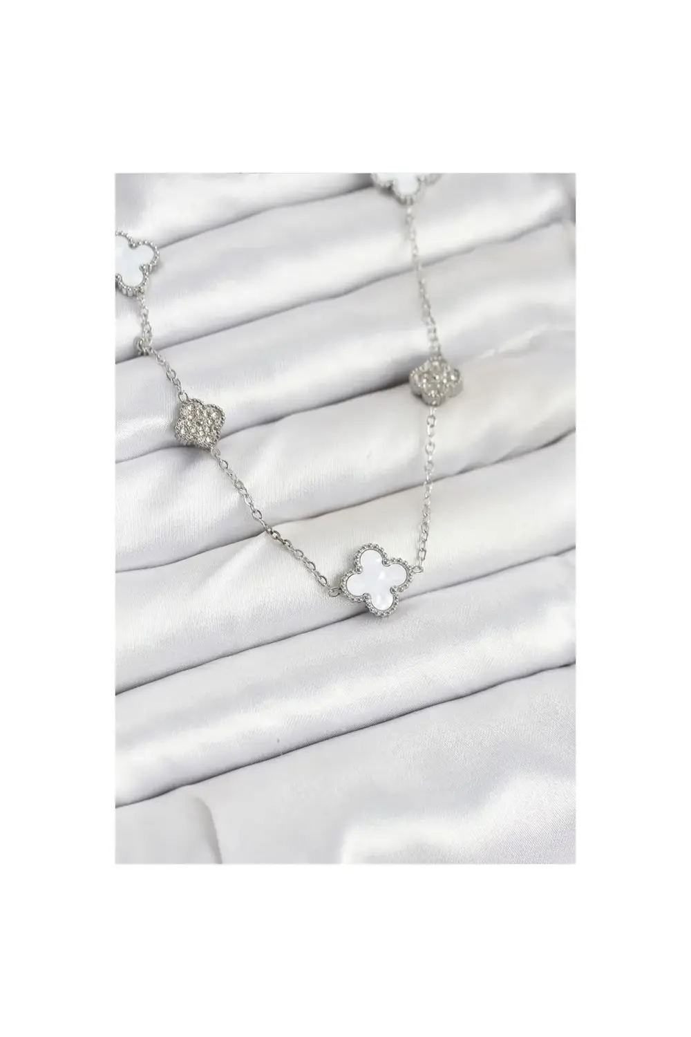316L Çelik Zincir Gümüş Renk Beyaz ve Zirkon Taşlı Yonca Kadın Ko