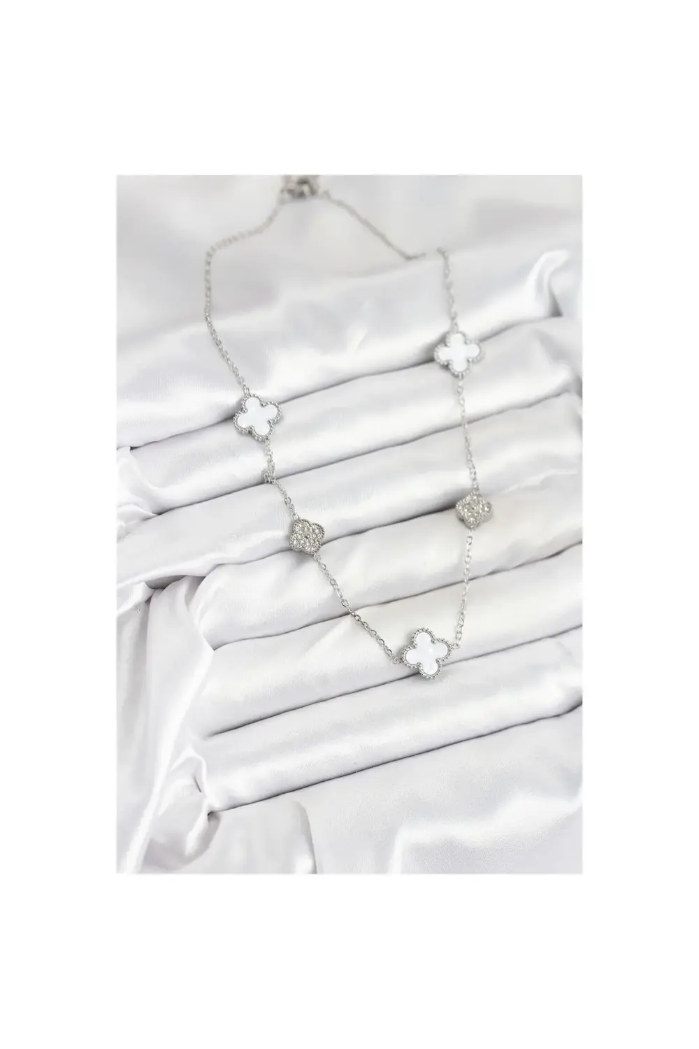 316L Çelik Zincir Gümüş Renk Beyaz ve Zirkon Taşlı Yonca Kadın Ko