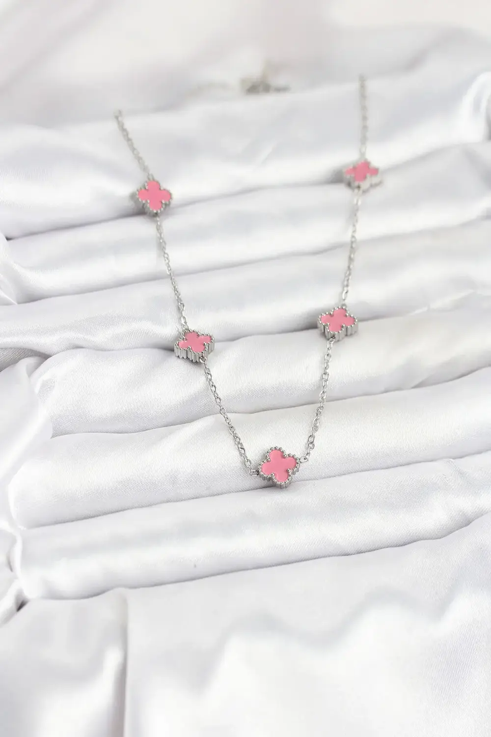 316L Çelik Zincir Gümüş Renk Pembe Baby Boy Yonca Kadın Kolye - L