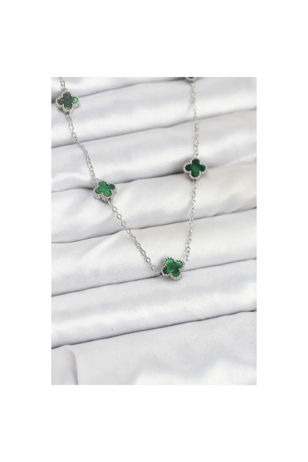 316L Çelik Zincir Gümüş Renk Yeşil Baby Boy Yonca Kadın Kolye