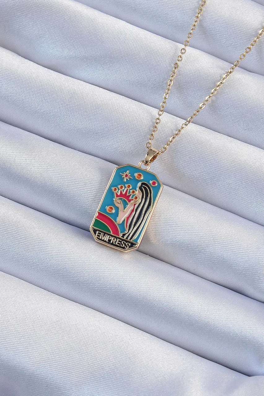 316l Çelik Zincir Renk Taç Ve Kız Figürlü Renkli Mineli Tarot Kolye Tj-bko9229 Diğer