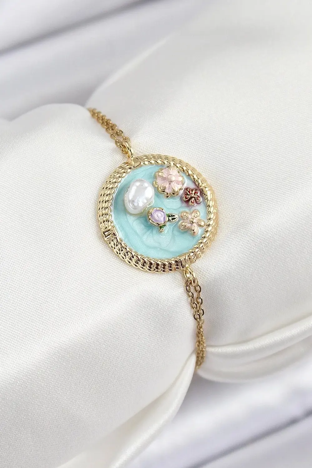 316L Çelik Zincir Turkuaz Mineli Sanatsal Portre İnci Detaylı Çiç