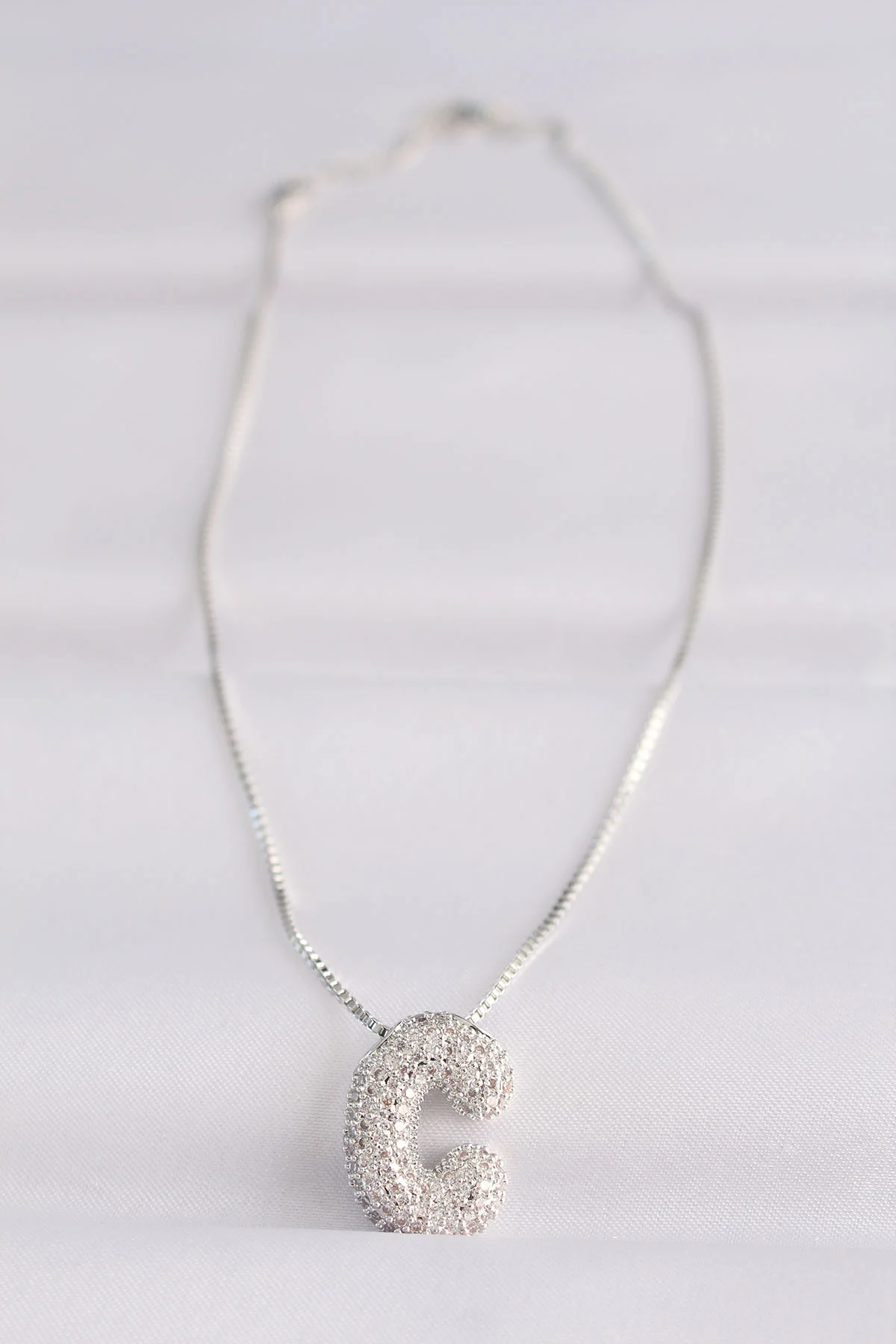 316L Çelik Zincirli Zirkon Taşlı C Harfli Silver Renk Bubble Kolye 5886 - Paslanmaz Gümüş Takı