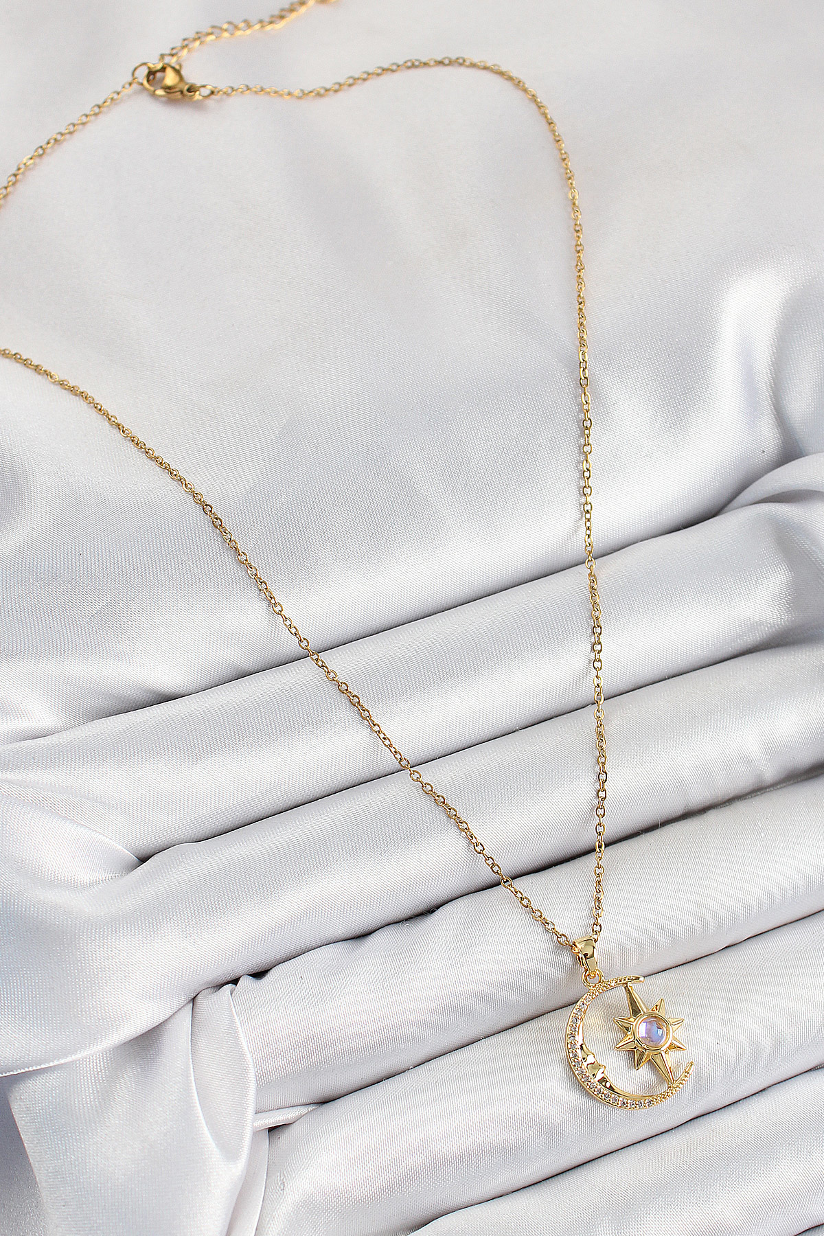 316L Çelik Zirkon Taşlı Kutup Yıldızlı Hilal Model Gold Renk Kadı