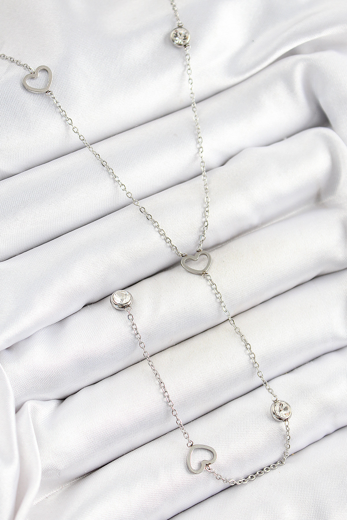 316L Çelik Zirkon Taşlı Kalp Figürlü Y Model Gümüş Renk Kadın Kol