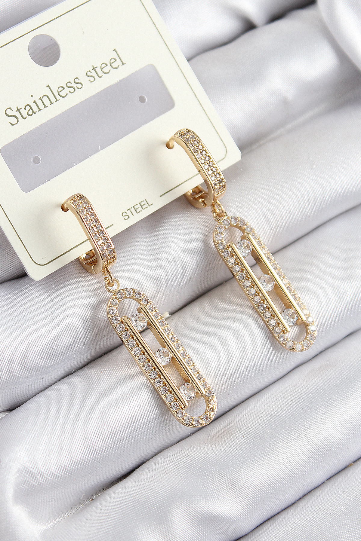 316L Çelik Zirkon Taşlı Sallantılı Messika Model Gold Renk Kadın