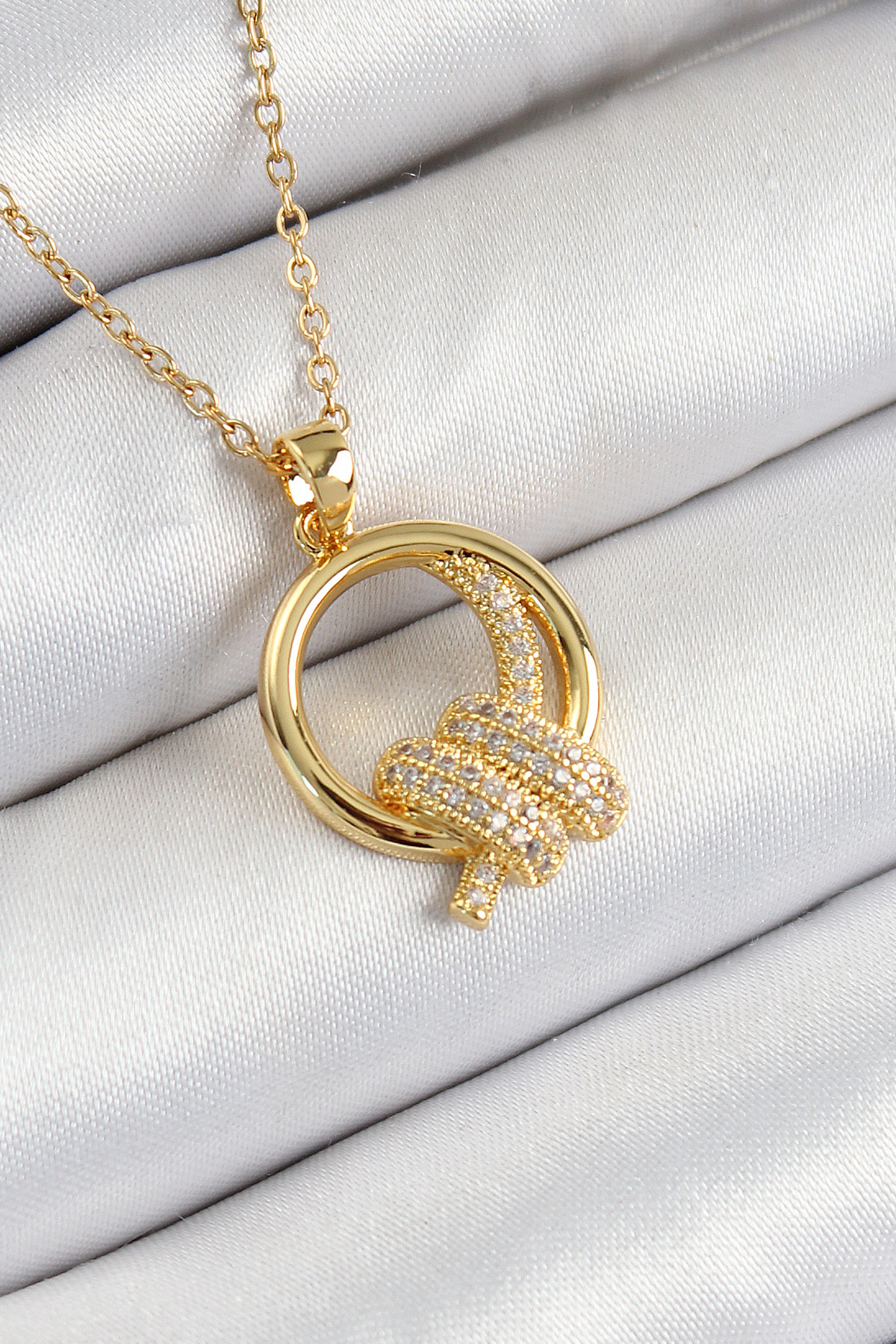 316L Çelik Zirkon Taşlı Düğüm Model Gold Renk Kadın Kolye - TJ-BK
