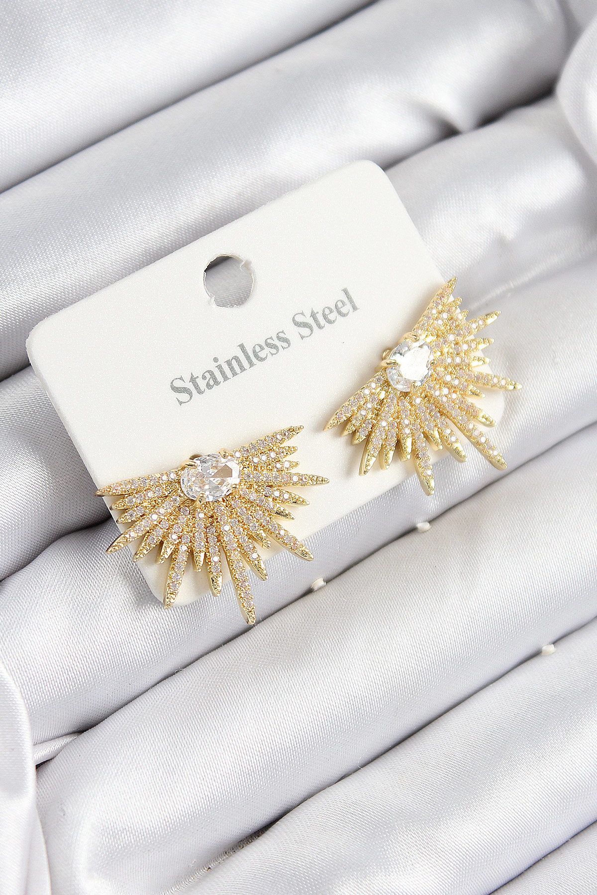 316L Çelik Zirkon Taşlı Yelpaze Model Gold Renk Kadın Küpe - TJ-B