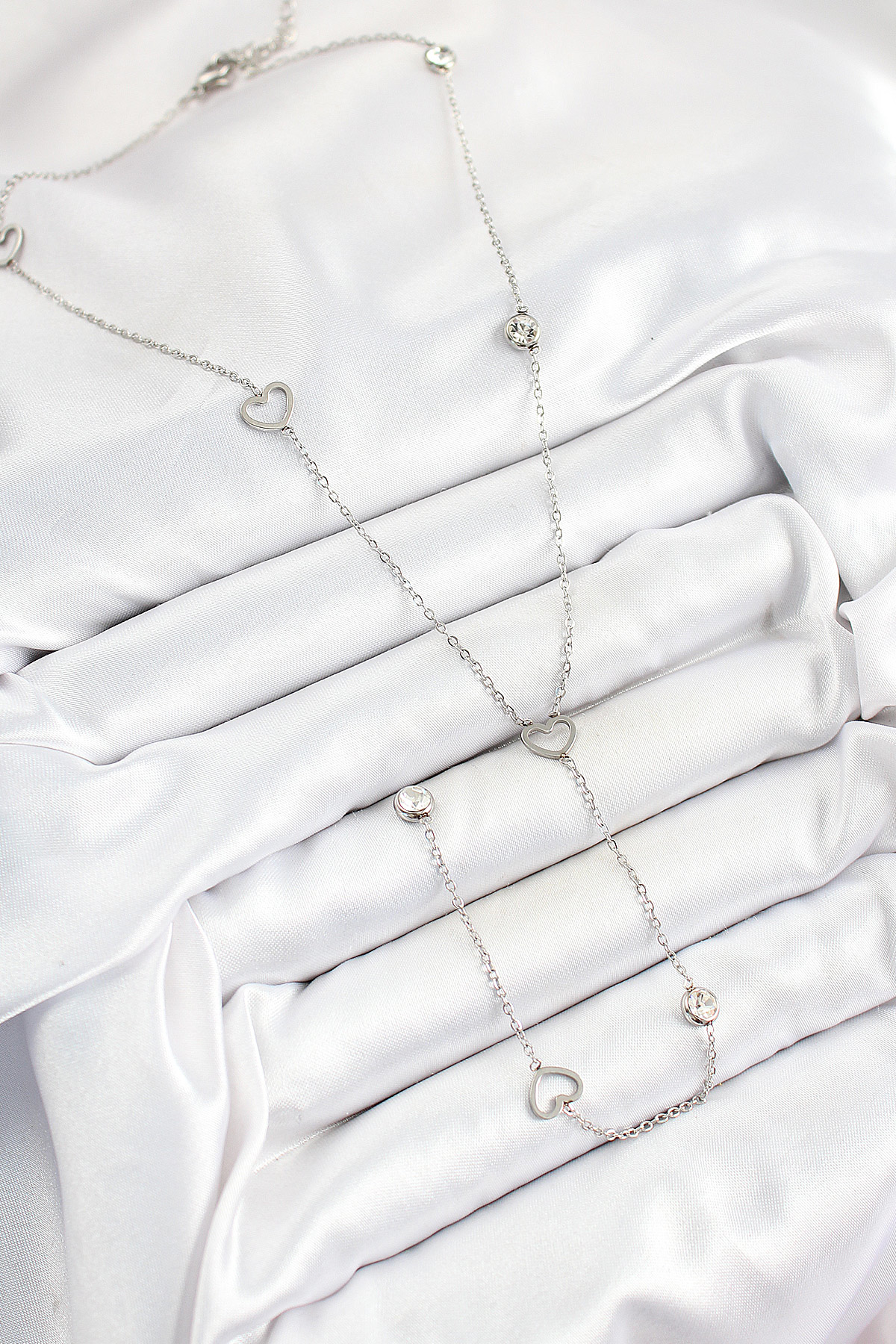 316L Çelik Zirkon Taşlı Kalp Figürlü Y Model Gümüş Renk Kadın Kol