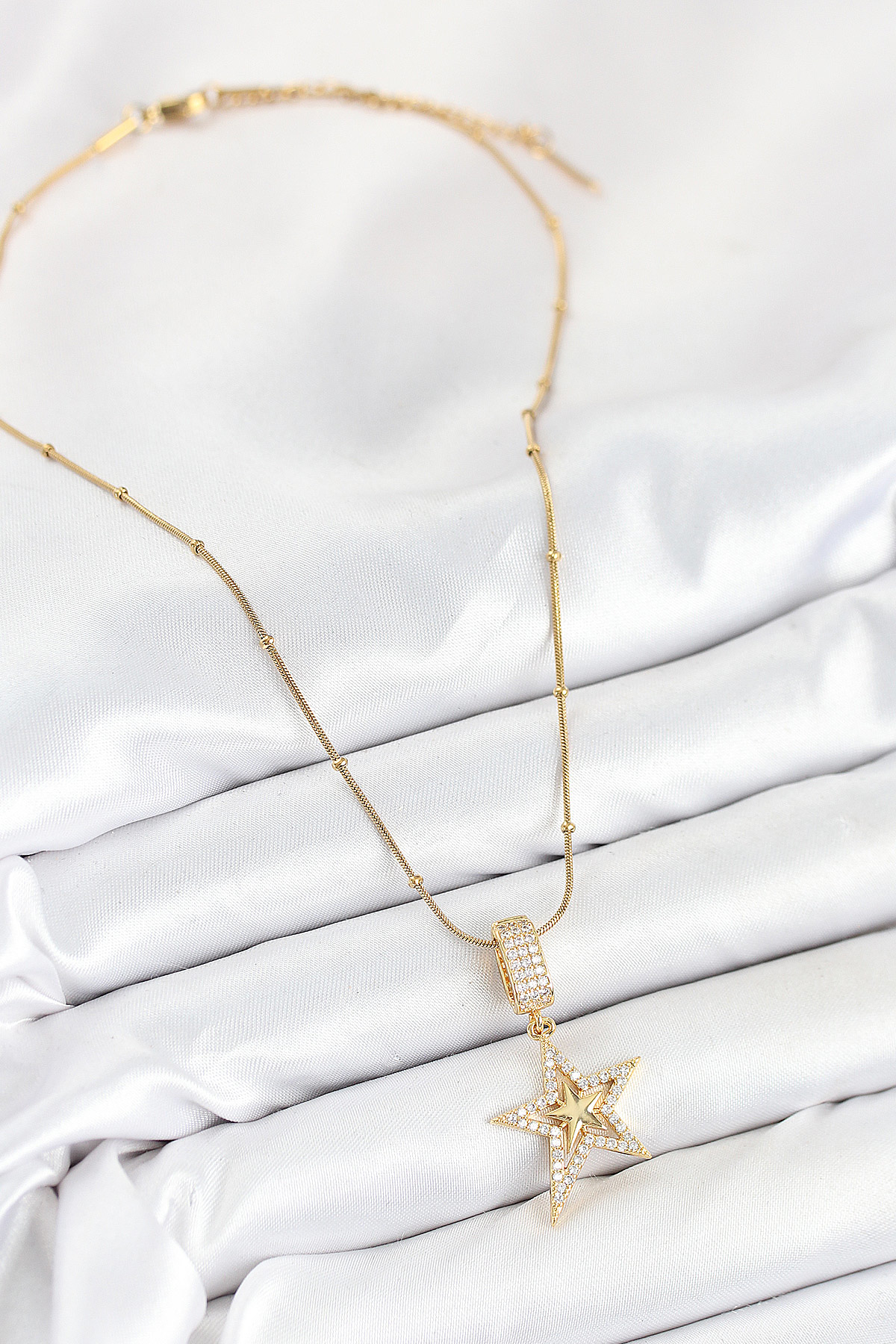 316L Çelik Zirkon Taşlı Yıldız Model Gold Renk Kadın Kolye - TJ-B