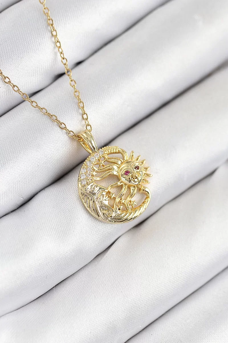 316L Çelik Zirkon Taşlı Ay Ve Güneş Model Gold Renk Kadın Kolye -
