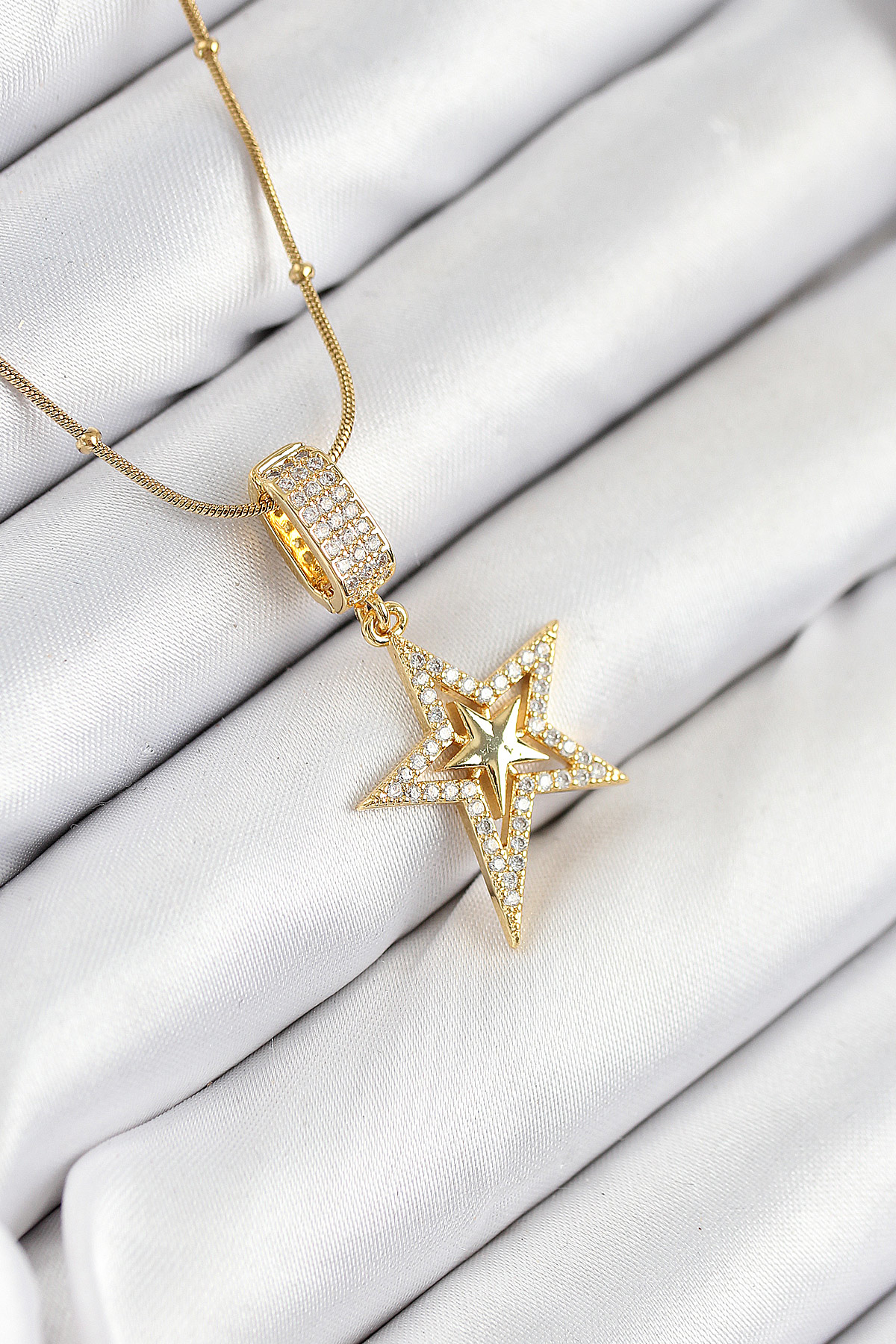 316L Çelik Zirkon Taşlı Yıldız Model Gold Renk Kadın Kolye - TJ-B