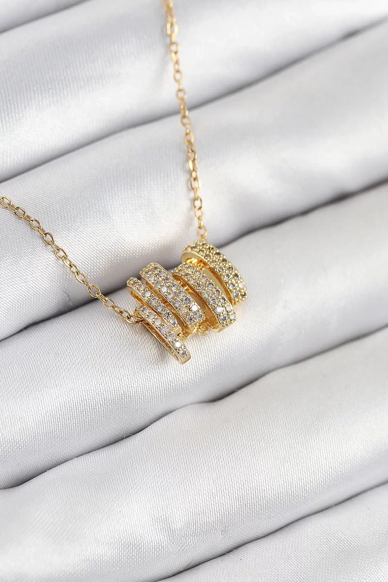 316L Çelik Zirkon Taşlı Sarmal Model Gold Renk Kadın Kolye - Lisi
