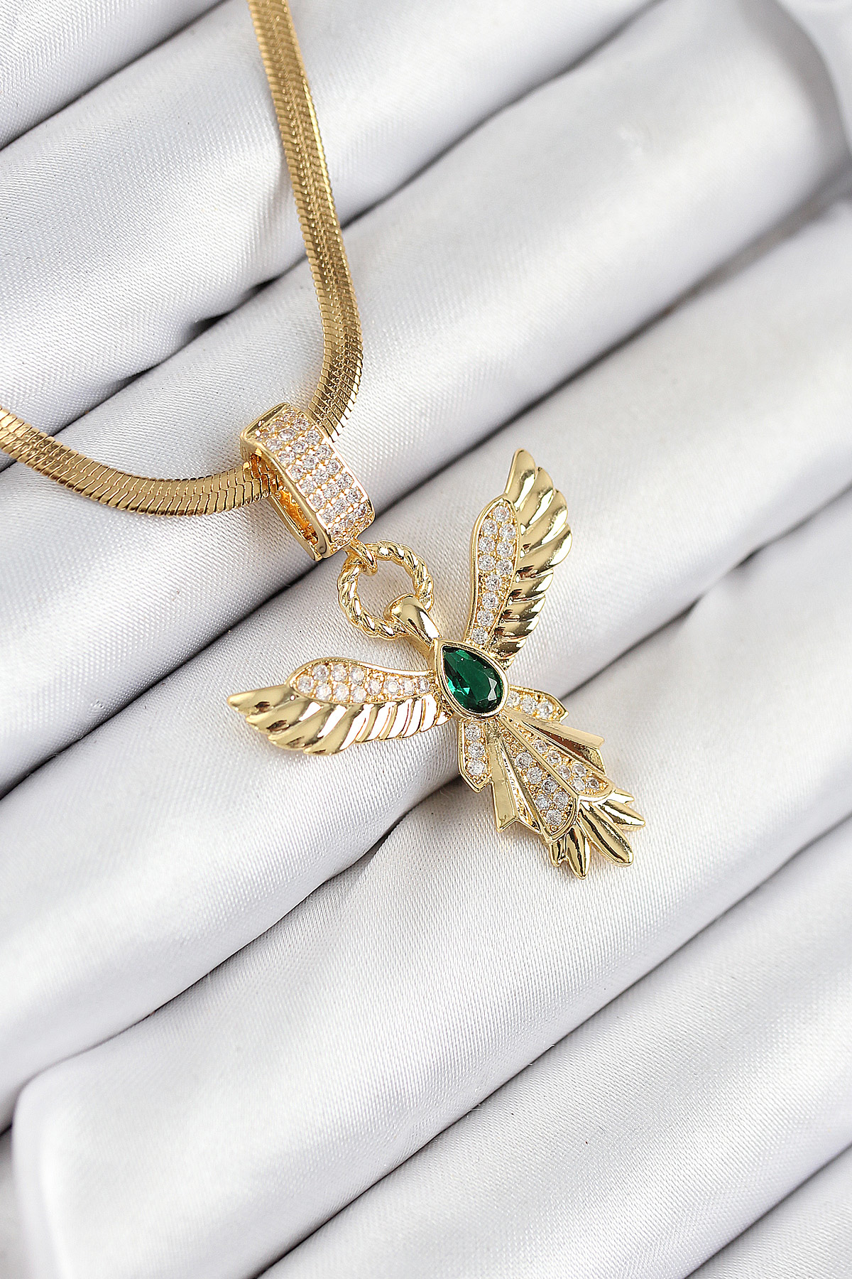 316L Çelik Zirkon Taşlı Melek Model Gold Renk Kadın Kolye - TJ-BK